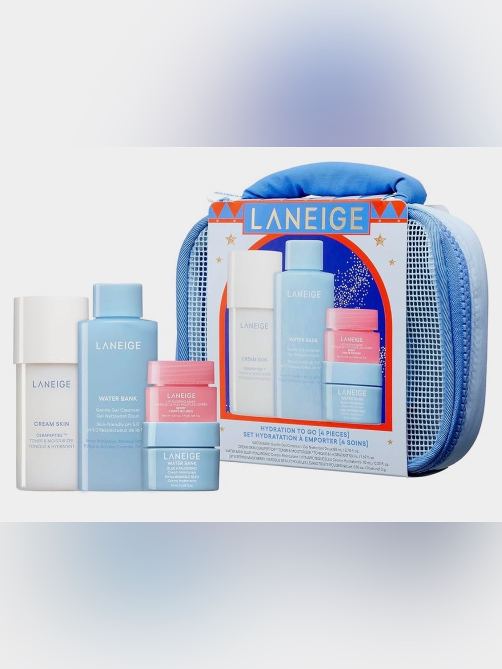 LANEIGE Hydration Gift Set-Cleanser,Moisturizer,Toner & Lip mask+Travel Mesh Bag